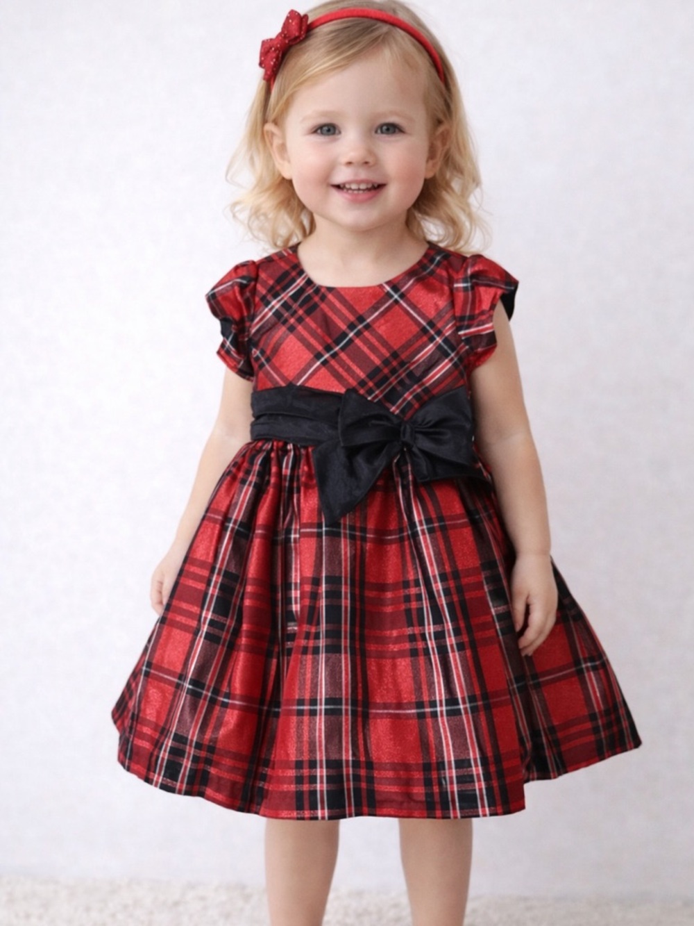 Bonnie Jean Red Plaid Dress with Black Sash and Bow